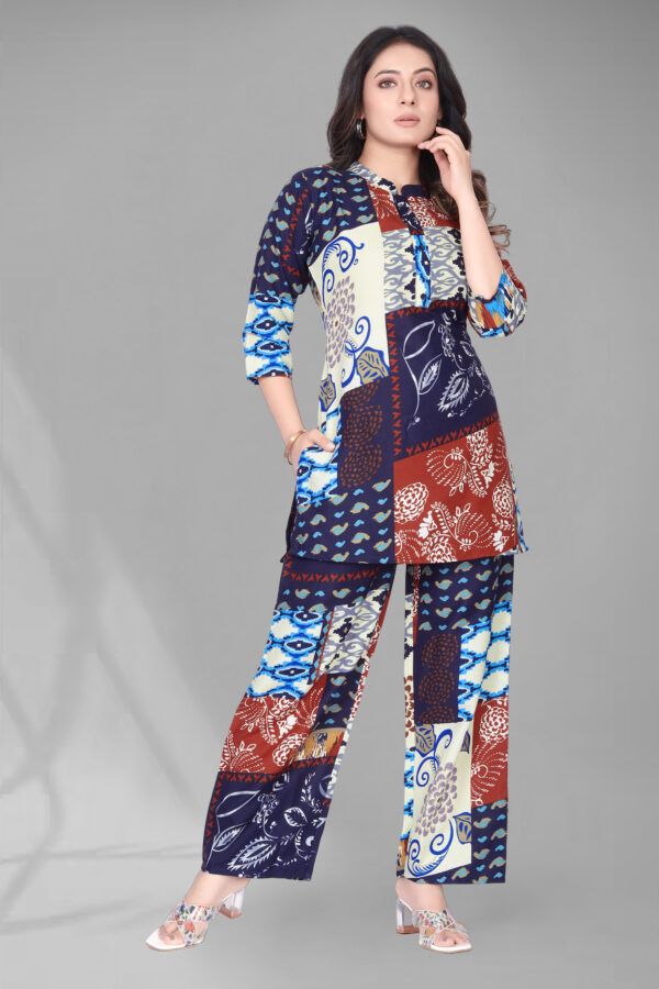 Blue Long Printed Polyester 3/4 Sleeve V-Neck Co-Ords For Women