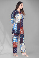 Blue Long Printed Polyester 3/4 Sleeve V-Neck Co-Ords For Women