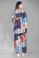 Blue Long Printed Polyester 3/4 Sleeve V-Neck Co-Ords For Women