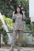 Grey & Yellow Long Printed Polyester 3/4 Sleeve V-Neck Co-Ords For Women