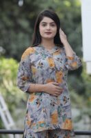 Grey & Yellow Long Printed Polyester 3/4 Sleeve V-Neck Co-Ords For Women