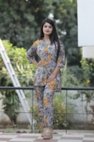 Grey & Yellow Long Printed Polyester 3/4 Sleeve V-Neck Co-Ords For Women