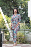 Grey & Blue Long Printed Polyester 3/4 Sleeve V-Neck Co-Ords For Women