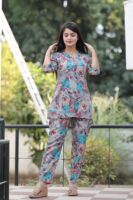Grey & Blue Long Printed Polyester 3/4 Sleeve V-Neck Co-Ords For Women