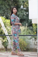 Grey & Blue Long Printed Polyester 3/4 Sleeve V-Neck Co-Ords For Women