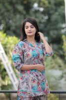 Grey & Blue Long Printed Polyester 3/4 Sleeve V-Neck Co-Ords For Women