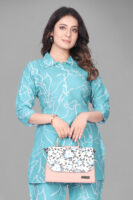 Light Blue Long Printed Polyester 3/4 Sleeve V-Neck Co-Ords For Women