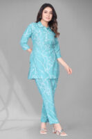 Light Blue Long Printed Polyester 3/4 Sleeve V-Neck Co-Ords For Women