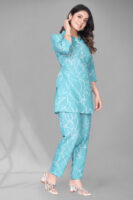 Light Blue Long Printed Polyester 3/4 Sleeve V-Neck Co-Ords For Women