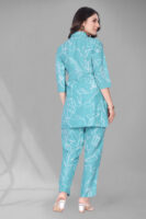 Light Blue Long Printed Polyester 3/4 Sleeve V-Neck Co-Ords For Women