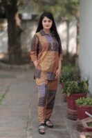 Brown Long Printed Polyester 3/4 Sleeve V-Neck Co-Ords For Women
