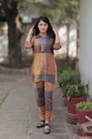 Brown Long Printed Polyester 3/4 Sleeve V-Neck Co-Ords For Women