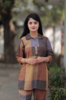 Brown Long Printed Polyester 3/4 Sleeve V-Neck Co-Ords For Women