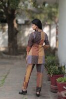 Brown Long Printed Polyester 3/4 Sleeve V-Neck Co-Ords For Women