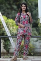 Grey & Pink Long Printed Polyester 3/4 Sleeve V-Neck Co-Ords For Women