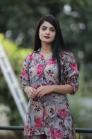 Grey & Pink Long Printed Polyester 3/4 Sleeve V-Neck Co-Ords For Women