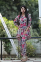 Grey & Pink Long Printed Polyester 3/4 Sleeve V-Neck Co-Ords For Women