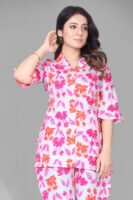 Pink Long Printed Polyester 3/4 Sleeve V-Neck Co-Ords For Women