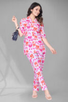 Pink Long Printed Polyester 3/4 Sleeve V-Neck Co-Ords For Women
