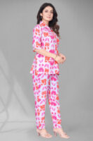 Pink Long Printed Polyester 3/4 Sleeve V-Neck Co-Ords For Women