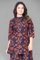 Dark Blue Long Printed Polyester 3/4 Sleeve V-Neck Co-Ords For Women