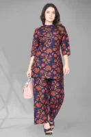 Dark Blue Long Printed Polyester 3/4 Sleeve V-Neck Co-Ords For Women