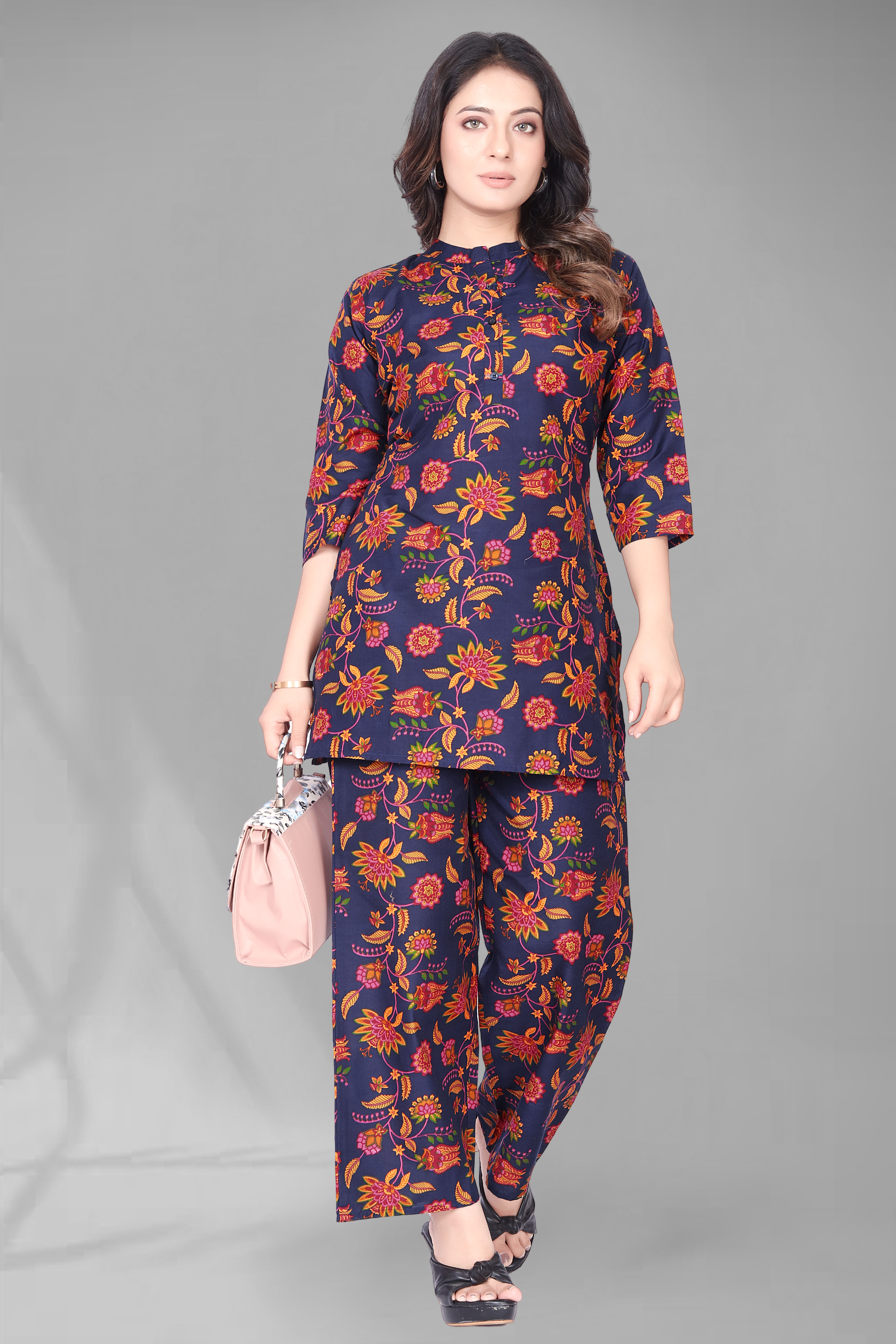 Dark Blue Long Printed Polyester 3/4 Sleeve V-Neck Co-Ords For Women