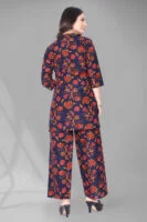 Dark Blue Long Printed Polyester 3/4 Sleeve V-Neck Co-Ords For Women