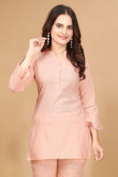 Orange Long Solid Cotton 3/4 Sleeve Co-Ords For Women