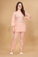 Orange Long Solid Cotton 3/4 Sleeve Co-Ords For Women