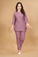 Pink Long Solid Cotton 3/4 Sleeve Co-Ords For Women
