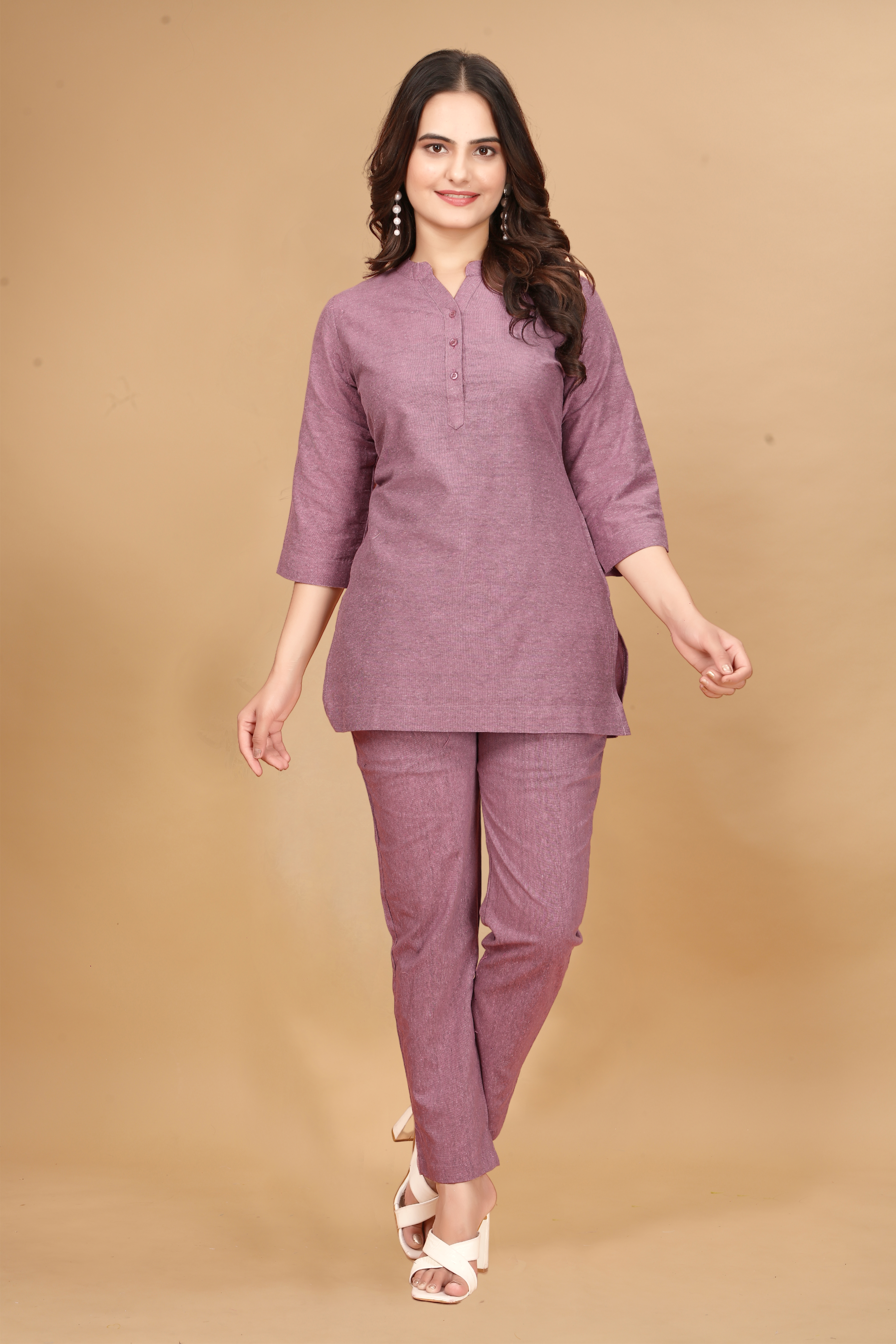 Pink Long Solid Cotton 3/4 Sleeve Co-Ords For Women