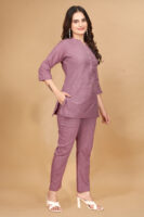 Pink Long Solid Cotton 3/4 Sleeve Co-Ords For Women