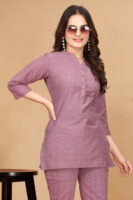 Pink Long Solid Cotton 3/4 Sleeve Co-Ords For Women
