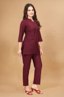 Maroon Long Solid Cotton 3/4 Sleeve Co-Ords For Women