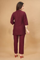 Maroon Long Solid Cotton 3/4 Sleeve Co-Ords For Women