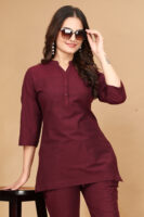 Maroon Long Solid Cotton 3/4 Sleeve Co-Ords For Women