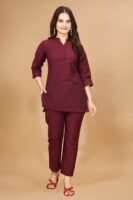 Maroon Long Solid Cotton 3/4 Sleeve Co-Ords For Women