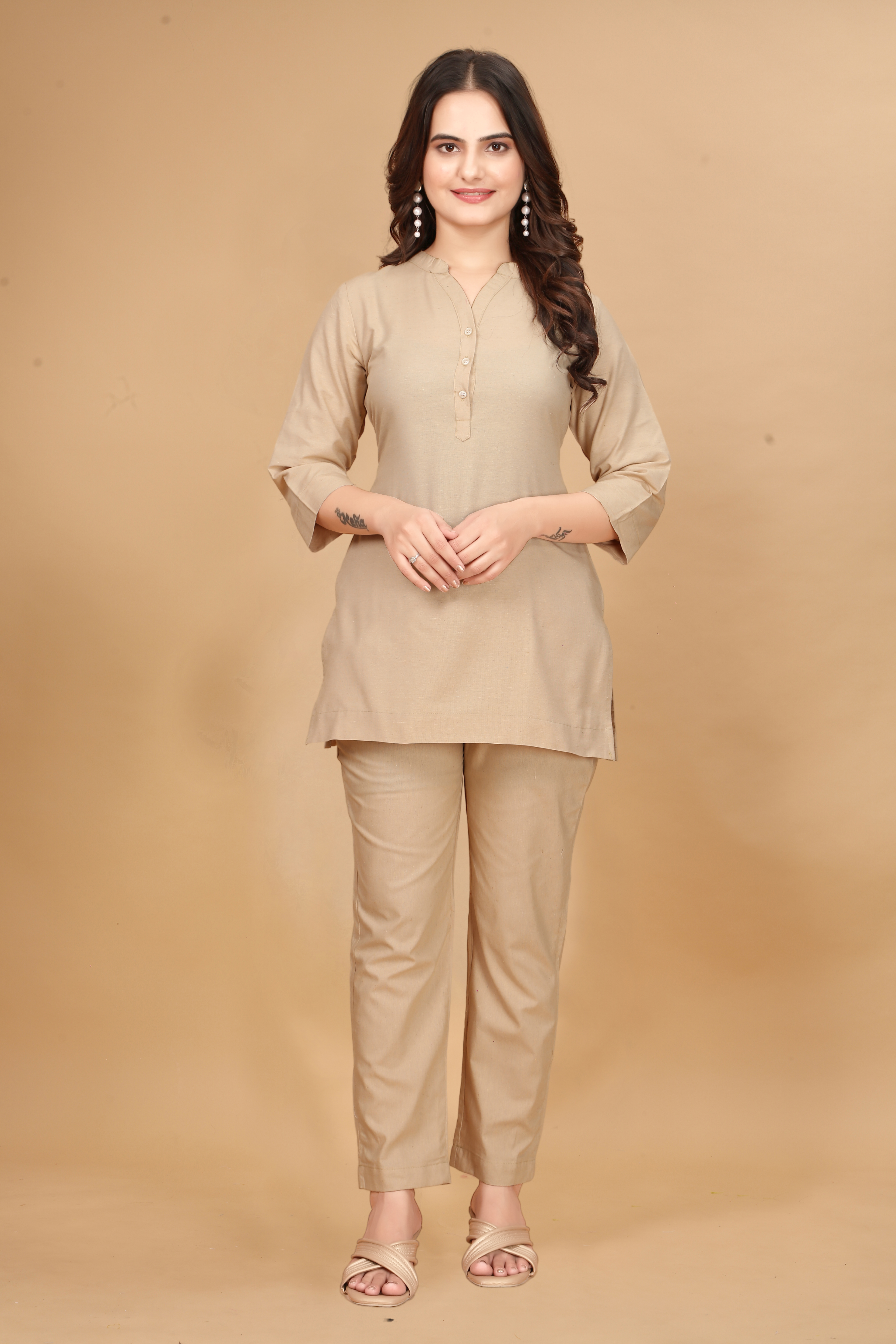 Beige Long Solid Cotton 3/4 Sleeve Co-Ords For Women