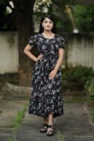 Black Georgette Floral Printed Maxi Dress For Women