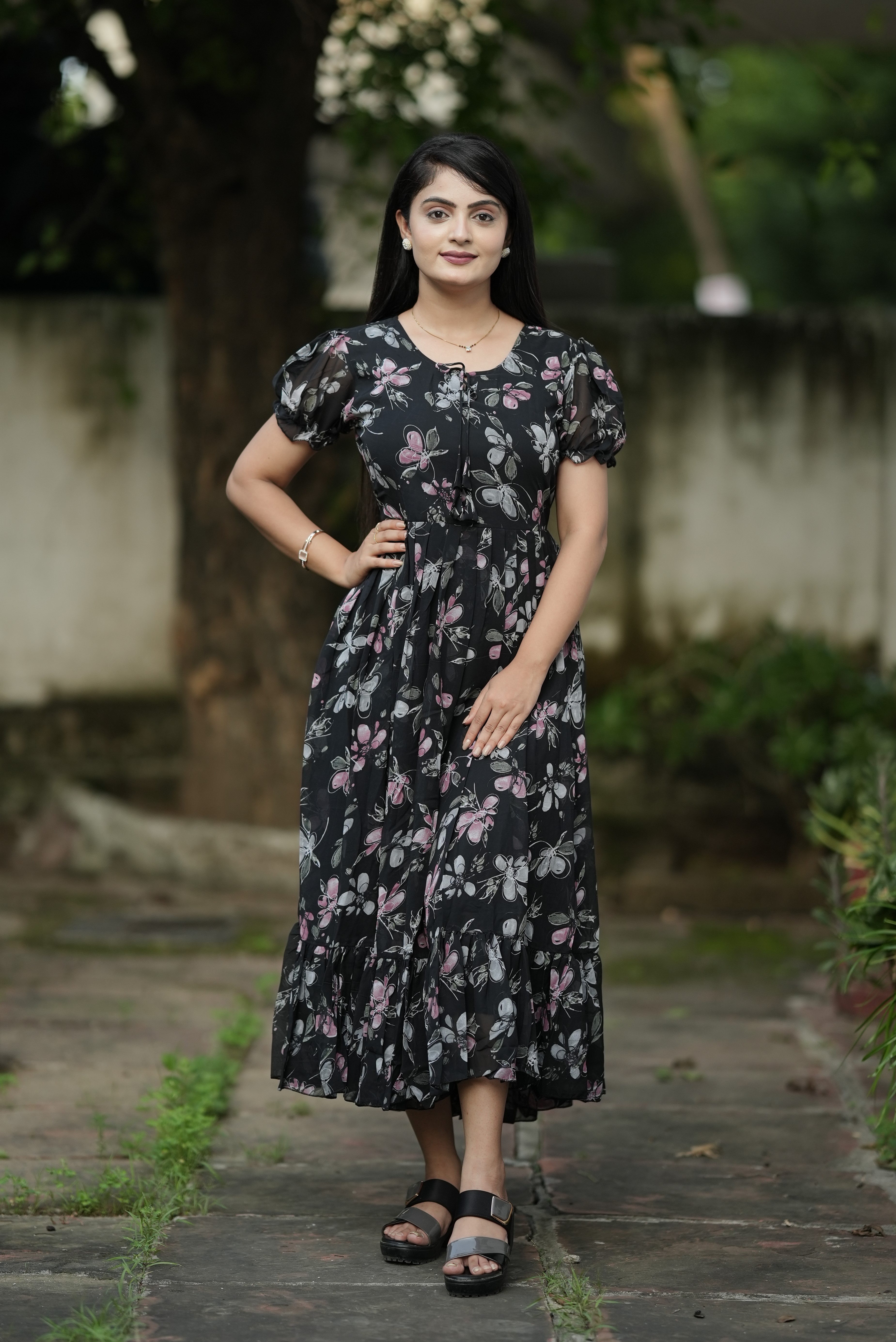 Black Georgette Floral Printed Maxi Dress For Women