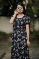 Black Georgette Floral Printed Maxi Dress For Women