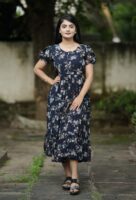 Navy Blue Georgette Floral Printed Maxi Dress For Women