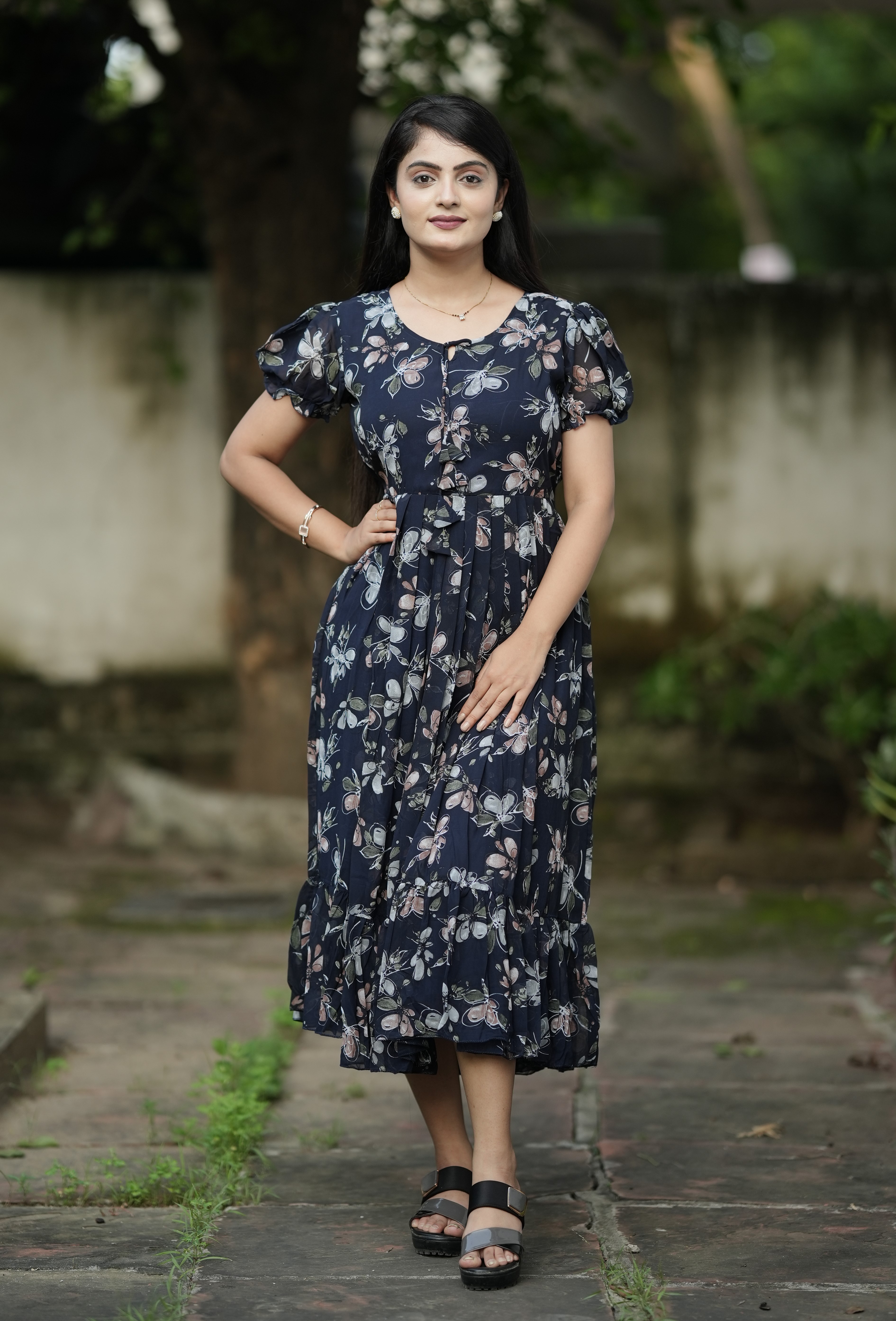 Navy Blue Georgette Floral Printed Maxi Dress For Women