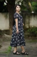 Navy Blue Georgette Floral Printed Maxi Dress For Women