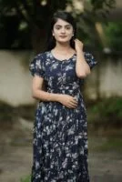 Navy Blue Georgette Floral Printed Maxi Dress For Women