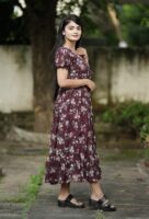 Maroon Georgette Floral Printed Maxi Dress For Women