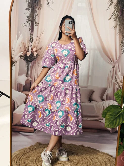 Women’s Purple Floral Printed Cotton Blend Midi Dress