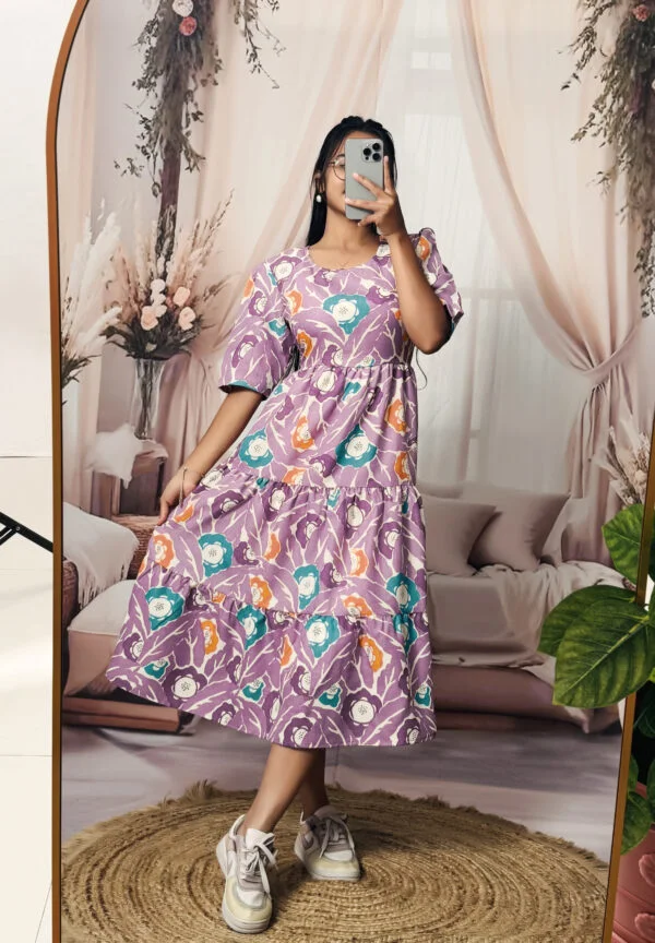 Women’s Purple Floral Printed Cotton Blend Midi Dress