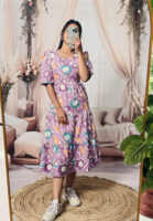 Women’s Purple Floral Printed Cotton Blend Midi Dress